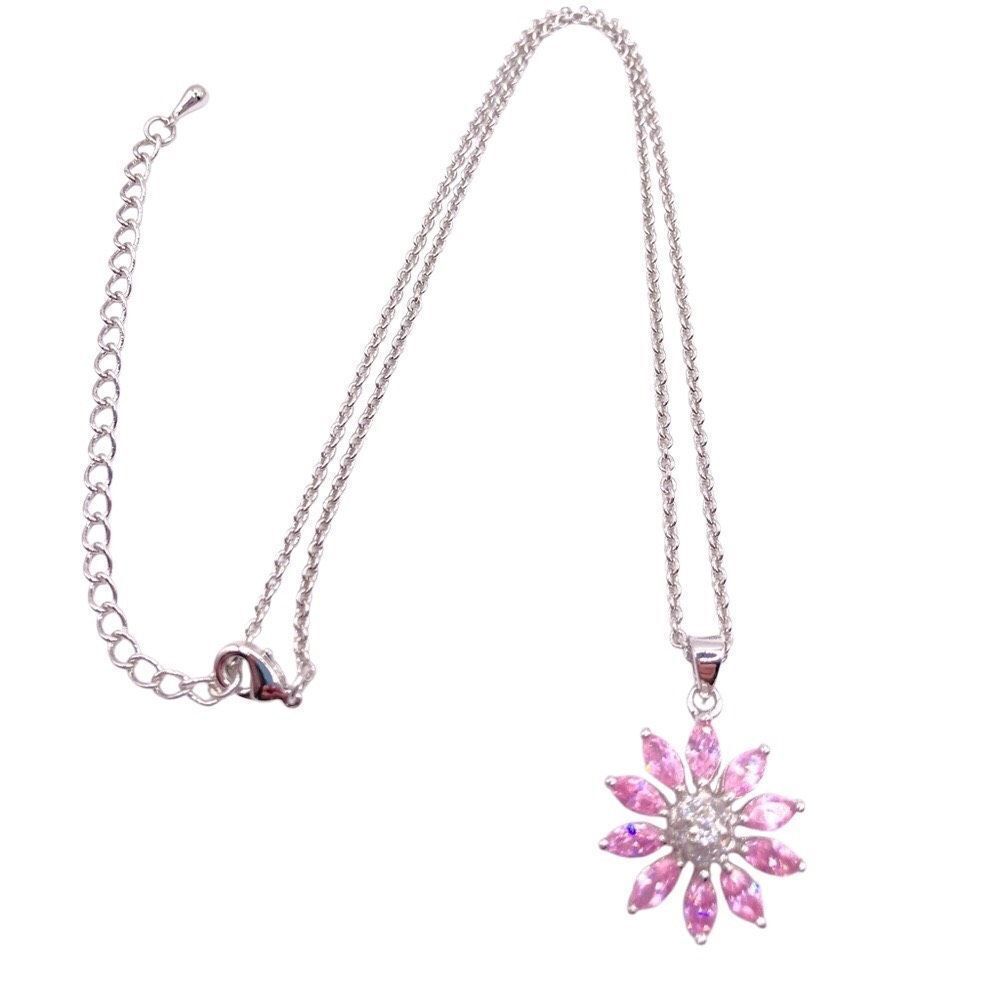 Pink Sparkle Cubic Zirconia Flower Pendant Necklace